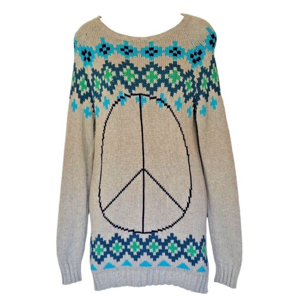 Old Navy Sweater Tunic Girls XL Grey Peace Sign Round Neck Pull Over Ribbed Hem‎ - Picture 2 of 7